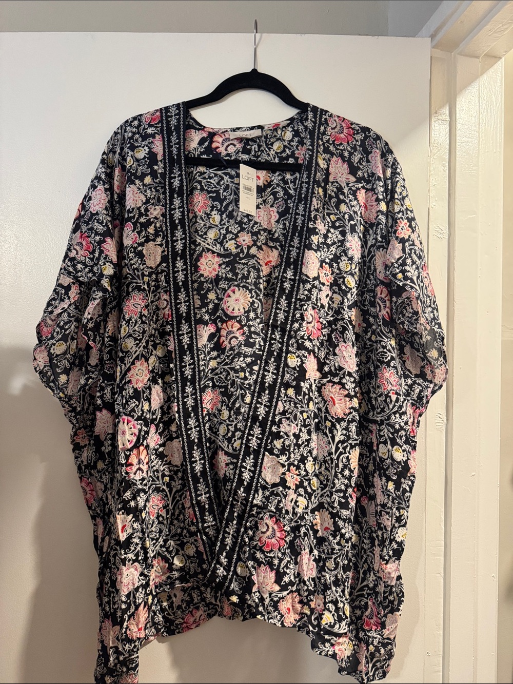 LOFT Black Floral Kimono Jacket with Pink Accents